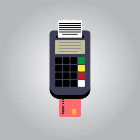 pos terminal, paper receipt and debit credit bank card. cashless payment. Vector illustration in flat design on blue backgroundの写真素材