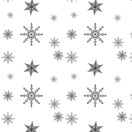Snowflake simple seamless pattern. Black snow on white background. Abstract wallpaper, wrapping decoration. Symbol of winter, Merry Christmas holiday, Happy New Year celebration Vector illustrationのイラスト素材