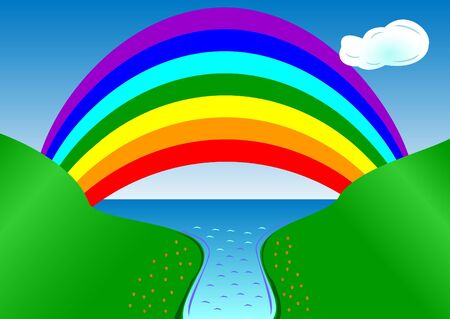 Rainbow illustration over the river running into the seaのイラスト素材