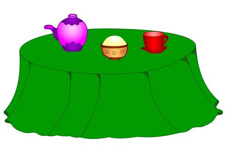 Illustration of a dinner table with kettle, cup and vaseのイラスト素材