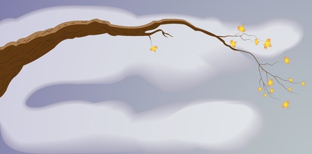 Illustration of a tree with yellow leaves against the sky with a cloudのイラスト素材