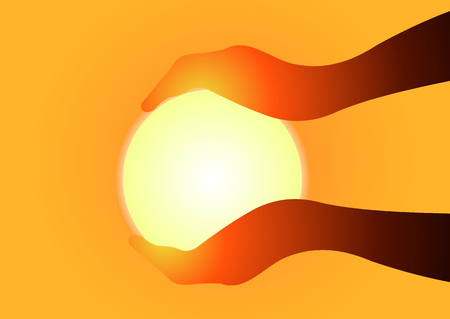 Illustration of the sun in the hands on an orange backgroundのイラスト素材