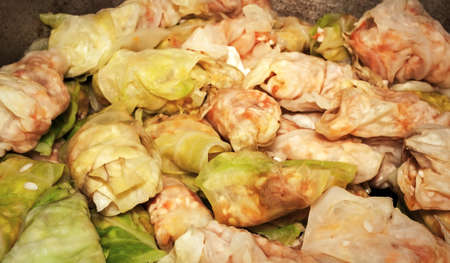 Raw stuffed cabbage rolls with raw cabbage leavesの写真素材