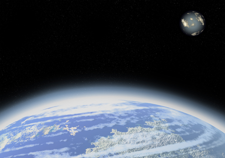 Kind to the planet with an atmosphere and its satelliteの写真素材