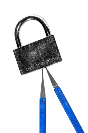 Closed door lock with master keys isolated on white backgroundの写真素材