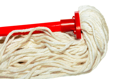 Mop of white ropes with a red handle isolated on white backgroundの写真素材
