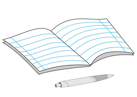 Illustration of an open notebook and pens isolated on white backgroundのイラスト素材