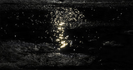 Glare on the water and melting snow on a moonlit night