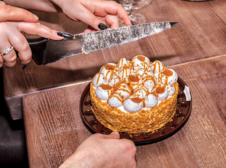 Hands cutting cake on a wooden table