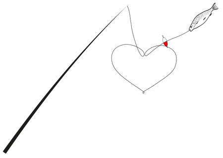 Illustration of a fishing rod with a fish on a hook and heart shaped linesのイラスト素材