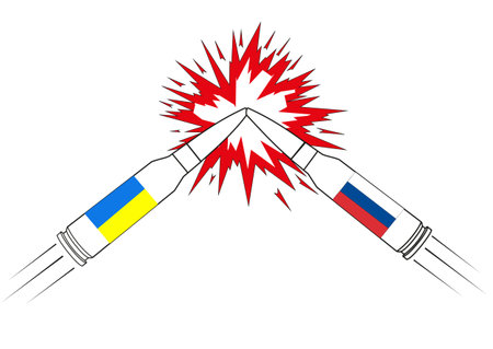 Illustration of outlines of two colliding bullets with Ukraine and Russia flagsのイラスト素材
