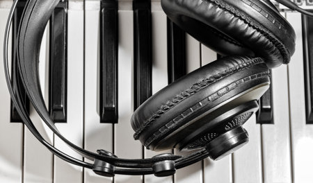 Part of headphones close-up lying on a piano keyboardの写真素材