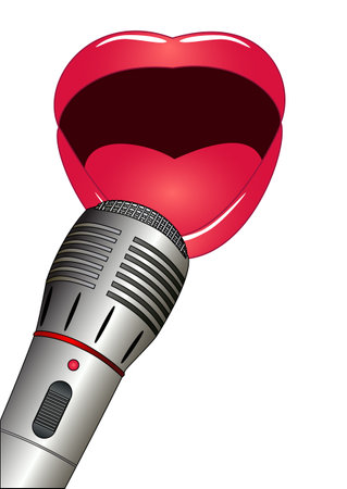 Illustration of an open mouth with red lips and a microphoneのイラスト素材