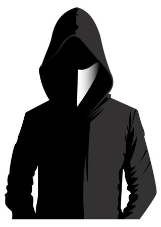Illustration of a silhouette portrait of an unknown person in a mask on a white backgroundのイラスト素材