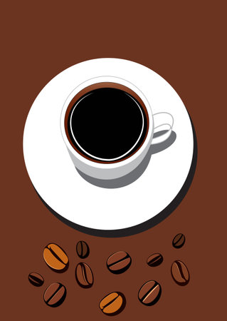 Illustration of a cup of coffee and coffee beans on a dark backgroundのイラスト素材