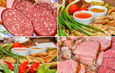 Collage of pieces of meat and sausageの写真素材