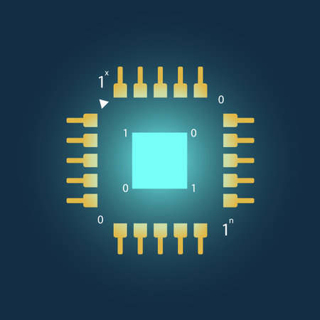 Conceptual illustration of a digital integrated microcircuit on a dark background
