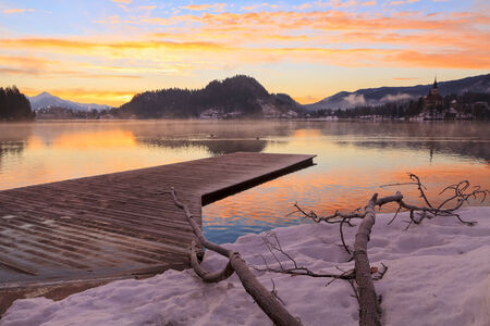 Sunrise on the Bled Lake in Sloveniaの写真素材