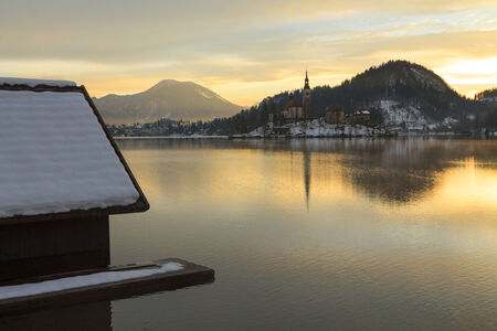 Sunrise on the Bled Lake in Sloveniaの写真素材
