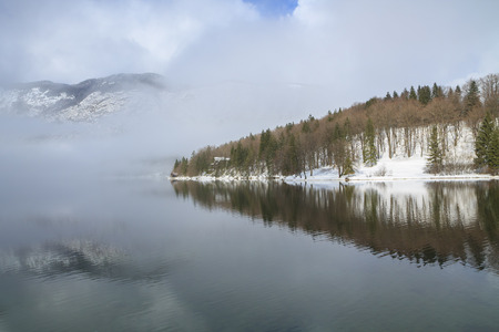 Foggy landscape in the mountains of Sloveniaの写真素材