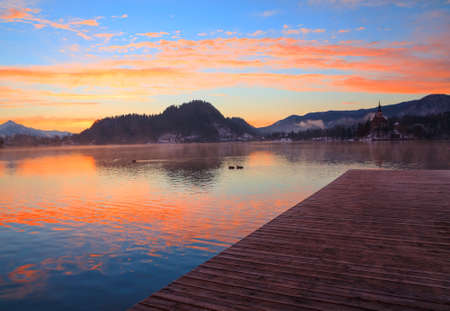 Sunrise on the Bled Lake in Sloveniaの写真素材