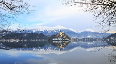 Winter landscape of Bled Lake in Sloveniaの写真素材