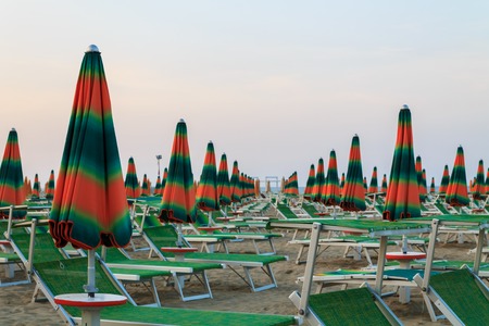 Sunbeds on the beach in Rimini, Italy