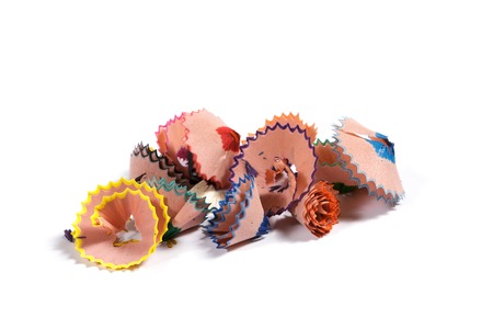 Color pencil shavings on white backgroundの写真素材