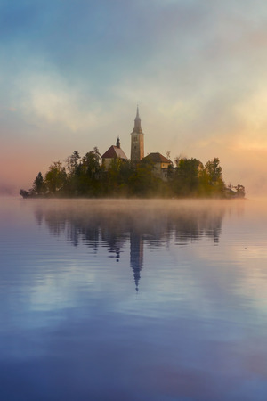 Misty sunrise to lake Bled in  Sloveniaの写真素材