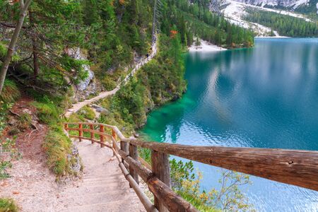 Braies lake in the Dolomites in Italy, Europeの写真素材