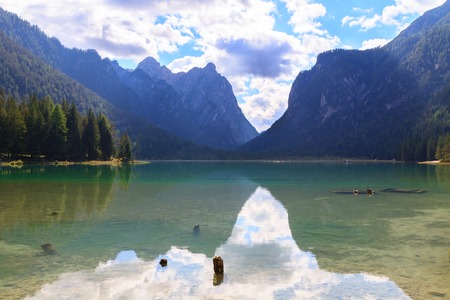 Dobbiaco lake the Dolomites mountain in Italy,Europeの写真素材