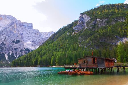 Braies lake in the Dolomites in Italy, Europeのeditorial素材