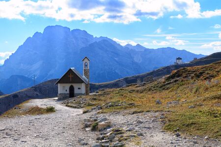 Church in the Dolomite Mountains, Tre Cime di Lavaredo in Italy,Europeの写真素材