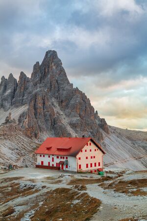 Tre Cime di Lavaredo in beautiful surroundings in the Dolomites at sunset in Italy, Europe (Drei Zinnen)のeditorial素材