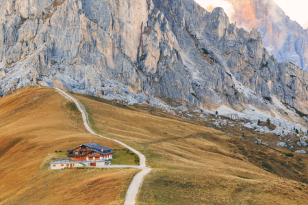 Dolomites mountains the Passo di Giau, Monte Gusela at behind  Nuvolau gruppe at sunset in South Tyrol, Italyのeditorial素材