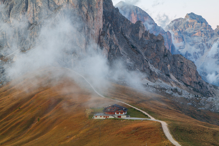 Dolomites mountains the Passo di Giau, Monte Gusela at behind  Nuvolau gruppe at sunset in South Tyrol, Italyのeditorial素材