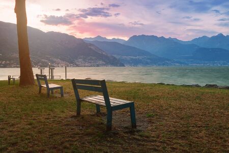 Sunset on the beautiful Lake Como in Italy, Europeの写真素材