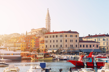 Sunset at medieval town of Rovinj, colorful with houses and church,harbor in Croatiaのeditorial素材