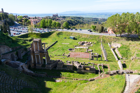 Volterra beautiful and cozy medieval town and roman theater ruins in Tuscany, Italy, Europeの写真素材