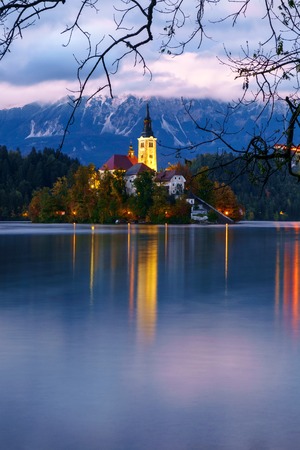 Beautiful  sunset the Bled lake on autumn in Slovenia,Europeのeditorial素材