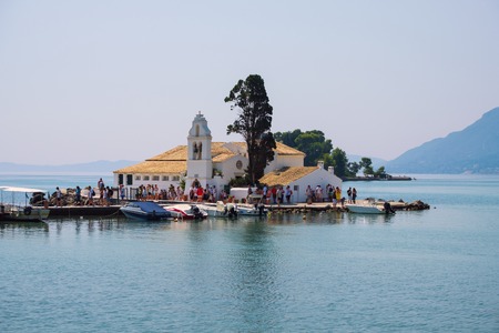 Panoramic view of the beautiful Vlacherna monastery on the island of Corfu in Greece (Kerkyra)のeditorial素材