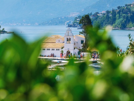 Panoramic view of the beautiful Vlacherna monastery on the island of Corfu in Greece (Kerkyra)のeditorial素材