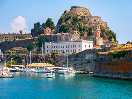 Beautiful island of Corfu and old fortress in the foreground of the wonderful blue sea in Greece ( Kerkyra )のeditorial素材