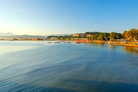 Beautiful rocky coastline in amazing blue Ionian Sea at sunrise in Sidari holiday village on Corfu island with famous Canal d'Amour channel in Greece ,Europeの写真素材