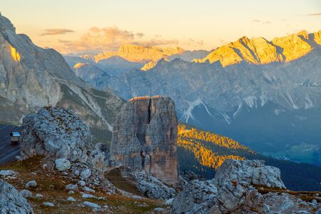 Cinque Torri mountains the background Tofane mountain near the famous town of Cortina d'Ampezzo, Dolomites Mountains in Italyの写真素材
