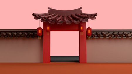 3d render chinese gate with lanternの写真素材