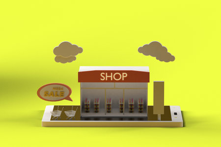 3d illustration of shop building over yellow background with space for textの写真素材