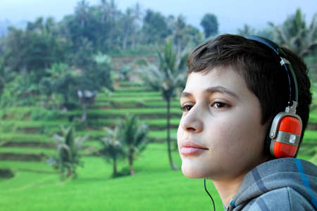 Boy with headphoneの写真素材