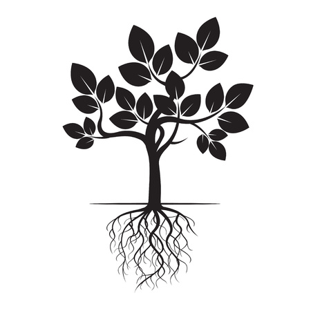 Black Tree with Roots. Vector Illustration and Graphic Element.のイラスト素材