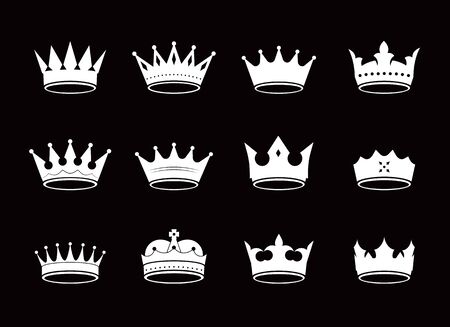 Set of vector king crowns and icon on black background. Vector Illustration. Emblem and royal symbols.のイラスト素材